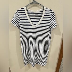 Universal Thread Size Small Striped V Neck Knee Length Shirt Dress White Navy